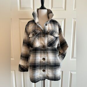 Kensie Oversized Flannel Black and Cream Plaid Shacket